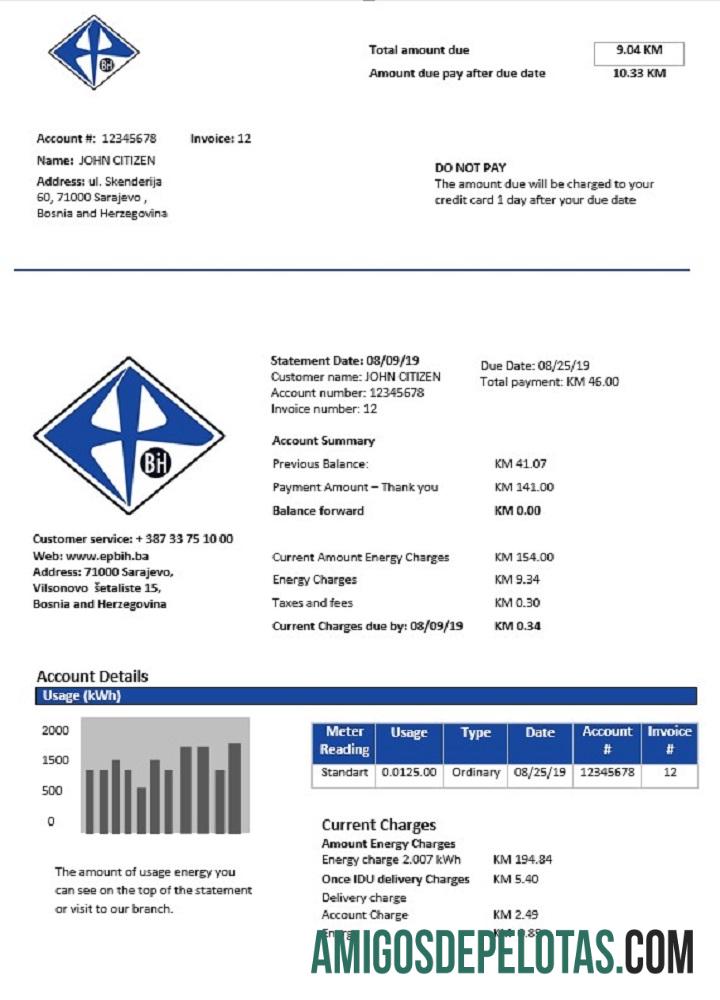 Bósnia e Herzegovina Elektroprivreda BiH Electricity Utility Bill exemplo
